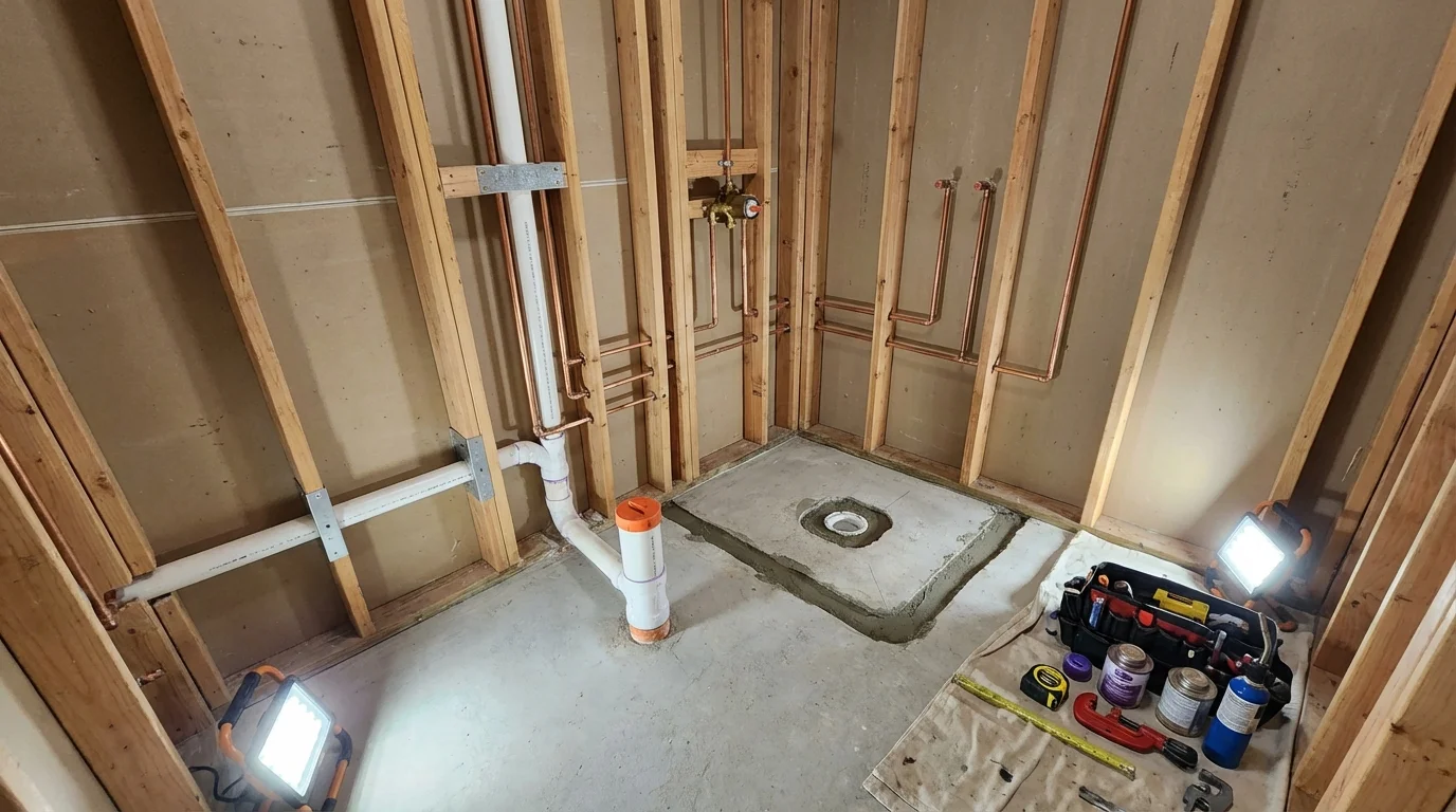 Bathroom rough-in plumbing during remodel by Johns Plumbing LLC in Mustang