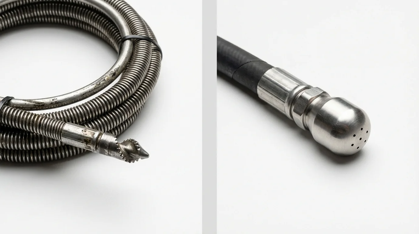 Drain snake cable and hydro jetting nozzle used for drain cleaning in Mustang, OK