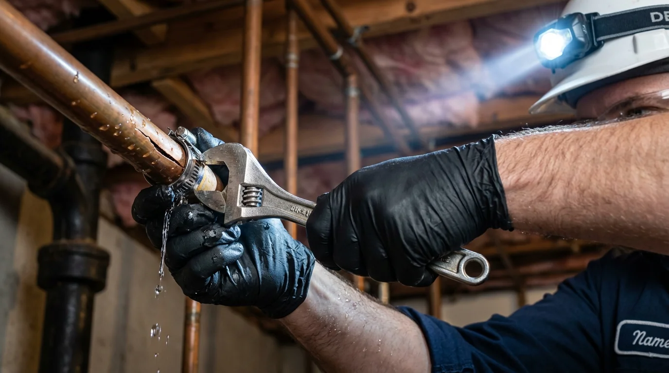 Emergency pipe clamp repair being performed by a Johns Plumbing LLC plumber in Mustang
