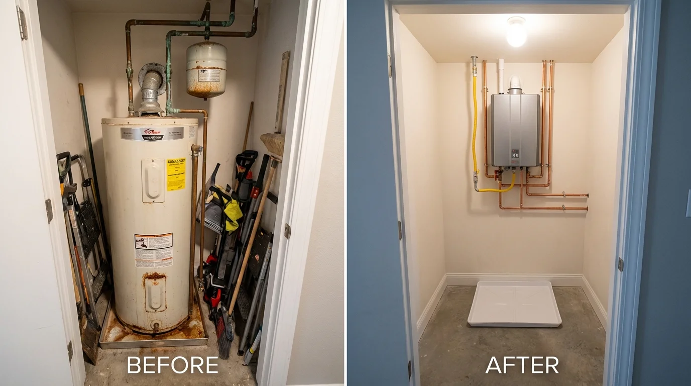 Tank water heater versus wall-mounted tankless unit comparison for Mustang, OK homeowners