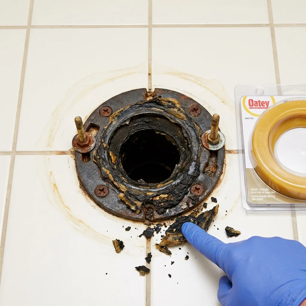 Failed wax ring showing water seepage at the base of a toilet in a Mustang, OK home