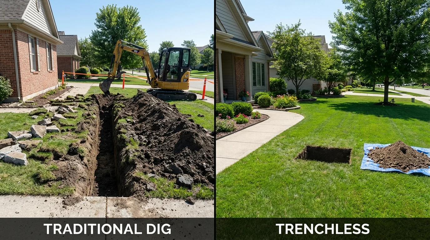 Trenchless sewer repair with minimal yard damage versus traditional excavation in Mustang, OK