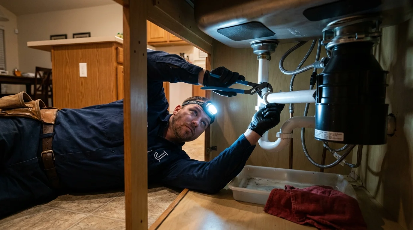P-trap and supply line connections under a kitchen sink showing a common leak point in Mustang, OK